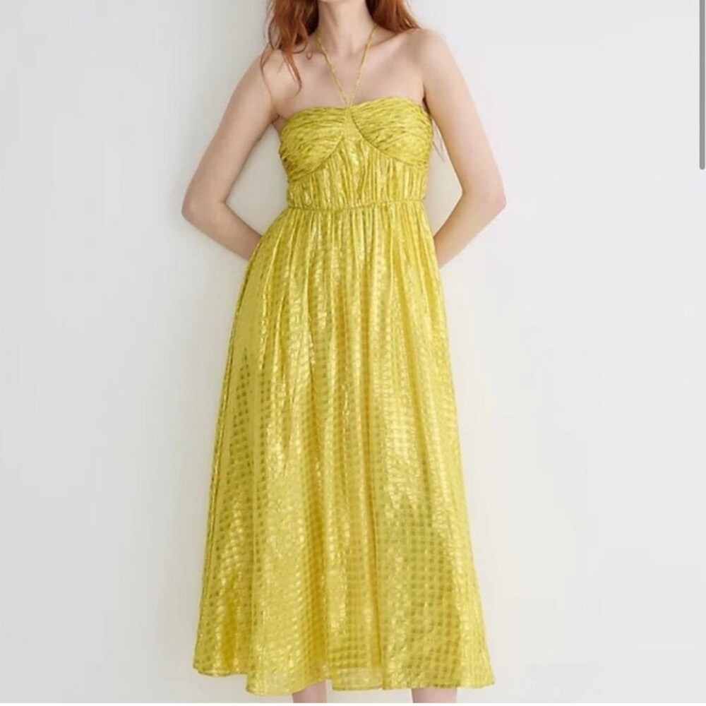 j.crew yellow limited edition halter tie lurex metallic chiffon midi dress Sz 2